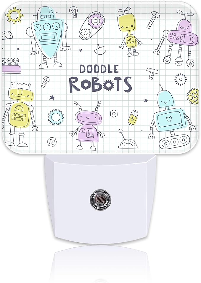 Doodle Cute Robots Night Light for Kids Girls Boys, Funny Robots LED Night Light Plug into Wall with Dusk to Dawn Sensor for Bedroom, Hallway, Kitchen, Bathroom, Stairs Decor