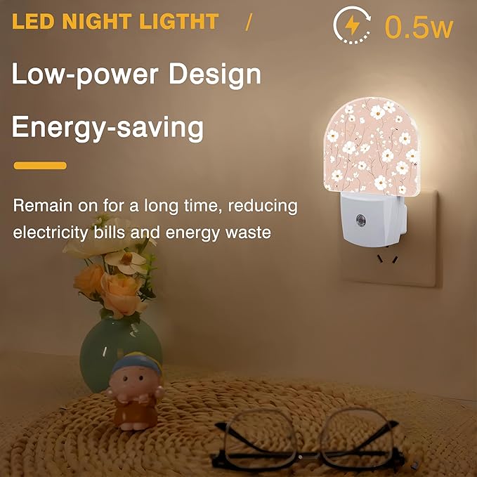 Night Light, Pink and White Flowers Night Lights Plug into Wall Dusk to Dawn Sensor Round Nightlight for Women Men Energy Efficient Led Lamp 0.5W for Stairway Hallway Bedroom