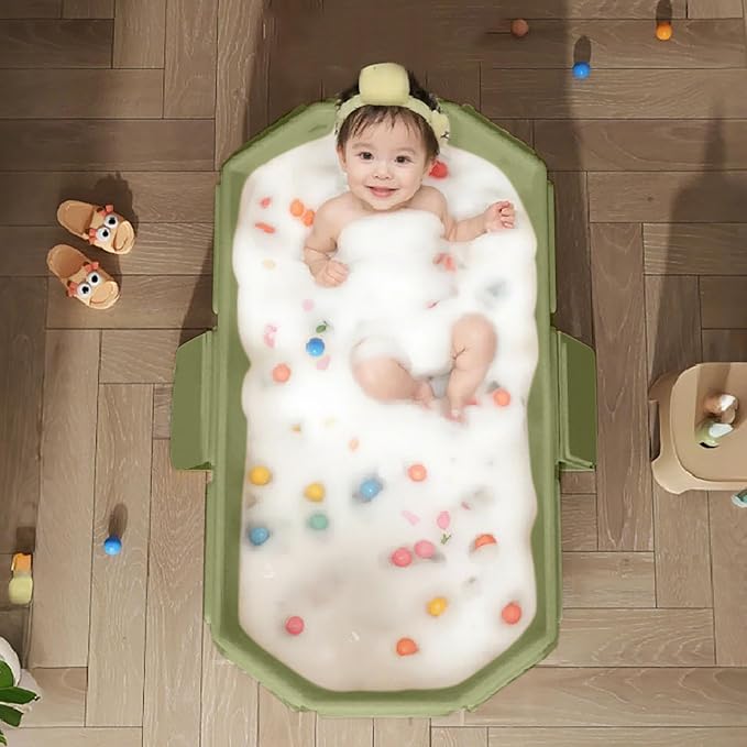 Foldable Bathtub for Kids, Toddler Bath Tub with Drain Plug, Foldable Baby Shower Tub ，Portable Bathroom, Cat Dog Wash Shower Basin (Green)