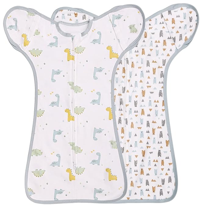 2 Pack Transition Swaddle with 2 Way Zipper, 2 in 1 Arms in/Out Transitional Arms Up Swaddle, 100% Cotton Newborn Swaddles Zipper Swaddles Baby Swaddling Sack Sleep Sack 3-6 Months, Dinosaur & Bear