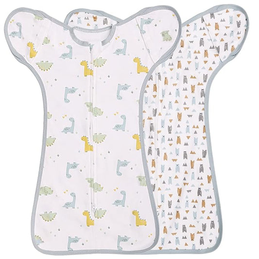 2 Pack Transition Swaddle with 2 Way Zipper, 2 in 1 Arms in/Out Transitional Arms Up Swaddle, 100% Cotton Newborn Swaddles Zipper Swaddles Baby Swaddling Sack Sleep Sack 3-6 Months, Dinosaur & Bear
