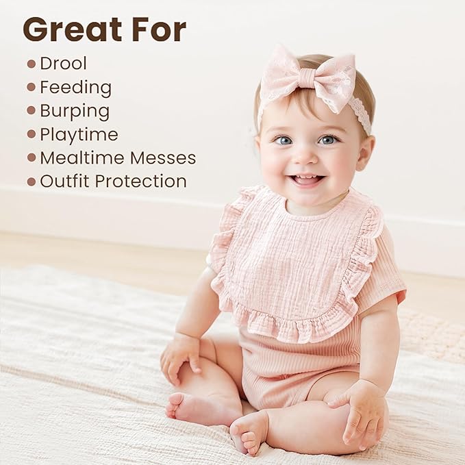 Konssy Muslin Baby Bibs for Girls – Soft 100% Cotton Drool Bibs, Ruffle Trim for Newborns & Toddlers 0-36 Months 3-Pack