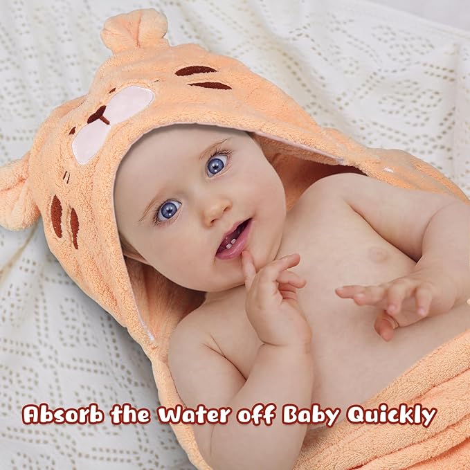 Kids Bath Towels with Hood, Soft and Thick Hooded Towels for Toddlers 3-5, 2 PCS Cute Animal Face Premium Coral Fleece with Large Size 50 in*32 in, Orange Tiger & Yellow Lion Set