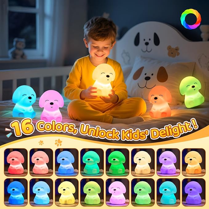 Night Light for Kids | 16 Colors & 2 Brightness & 30/60min Timer & Soft Silicone & 10h Use | Cute Night Light for Baby Nursery Kids Nightlight Dog Lamp, Kawaii Room Decor Puppy Gifts for Boys & Girls