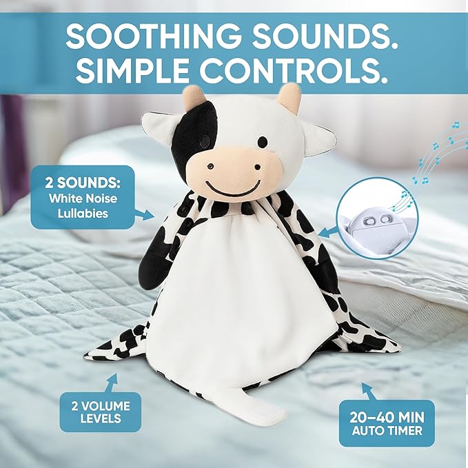 Baby Sleep Soother Black & White Cow Plush with Heartbeat & Lullaby Sounds, 4-in-1 Sound Machine, Security Blanket & Pacifier Holder, Baby Registry Essential & Christmas Gift for Newborns & Infants