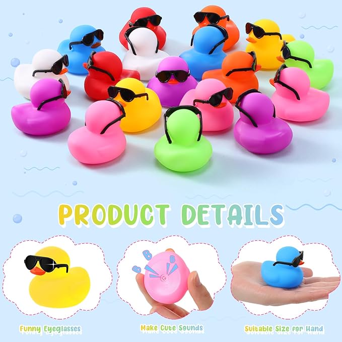Sosation 36 Packs Mini Rubber Ducks with Sunglasses Sets 2.2 Inch Bath Squeaky Rubber Duckies Cute Float Bathtub Toys for Christmas Birthday Party Favors Class Prizes Car Decor(Multicolored)