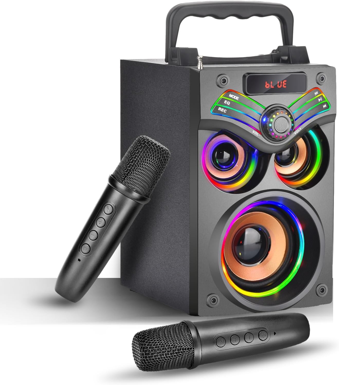 Karaoke Machine,Portable Bluetooth Karaoke Speaker with 2 Wireless Microphone for Adults Kids,with 20W(Peak) Speaker,Handle &RGB Lights,Supports TF Card/USB/Aux in/TWS,for Home,Party