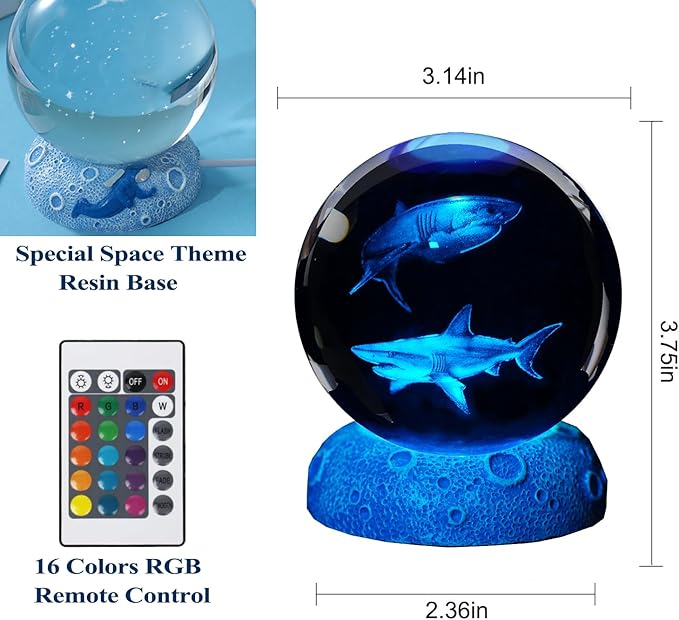 Shark Night Light, 3D Crystal Ball Shark Lamp, Underwater Gifts with 16 Color Remote Upgraded 3.15 Inch Ball for Room Decor Boys Girls Birthday Xmas Cool Figurines Gifts