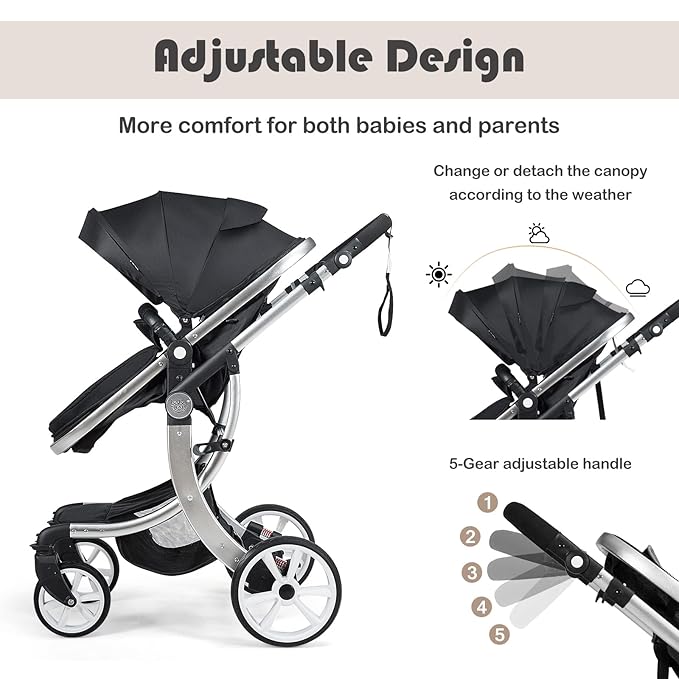 BABY JOY 2-in-1 High Landscape Baby Stroller, Reversible Bassinet Reclining Stroller, Foldable Push Chair w/Adjustable Canopy, Storage Bag, Foot Cover, Rain Cover & Net, Aluminum Alloy Frame (Black)