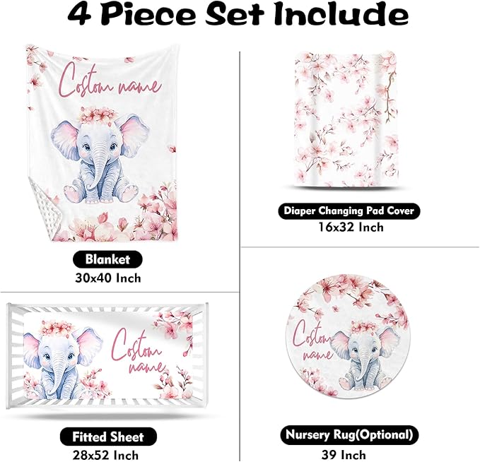 Custom Nursery Crib Bedding Set: 4 Piece Pink Flower Elephant Pattern Baby Crib Sets for Girls with Personalized Name - Toddler Double Layer Blanket Set, Comfortable Crib Bed Sheets for Baby Toddlers