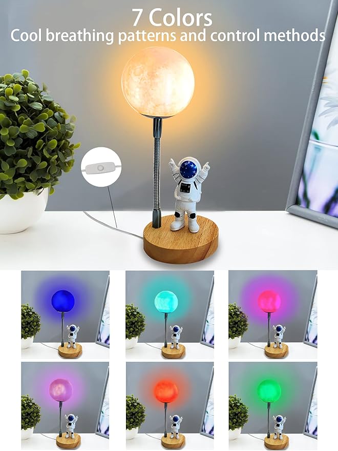 WLHONG Moon Lamp for Kids,Space Buddy Lights with 7 Color Astronaut Night Light,USB Powered and Button Control 3D Moon Table Lamp,Perfect for Bedroom,Nursery and Space-Themed Parties (Moon)