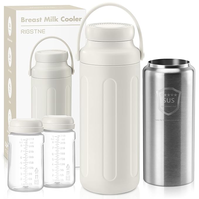 Portable Breast Milk Cooler - 19oz Breast Milk Cooler Bottle with 2pcs Baby Bottles, Breast Milk Chiller with Stainless Steel Ring Cooling for 24 Hours, Breastfeeding Essentials for Travel Outdoor