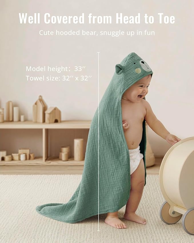 Blissful Diary Muslin Baby Hooded Towel, Soft and Absorbent Bath Towel for Newborn, Infant, Toddler, Unisex, 32″x32″ - Smart Bear