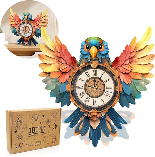 3D Puzzle for Adults Clock - Parrot Wall Clock Design Model Kit-Mechanical DIY Pendulum Clock with Roman Numerals- Desk Home Office Decor Personalized Gift for DIY Lovers