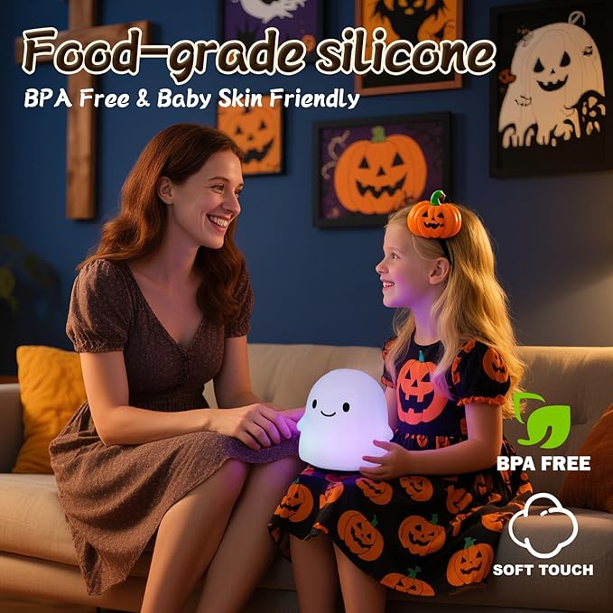 Ghost Night Light, Cute Ghost Decor Light Up Ghost Lamp - Color Changing Durable Kid-Safe Silicone, Long-Lasting Battery, USB Touch Control, Kids Halloween Gifts, Indoor Halloween Decor