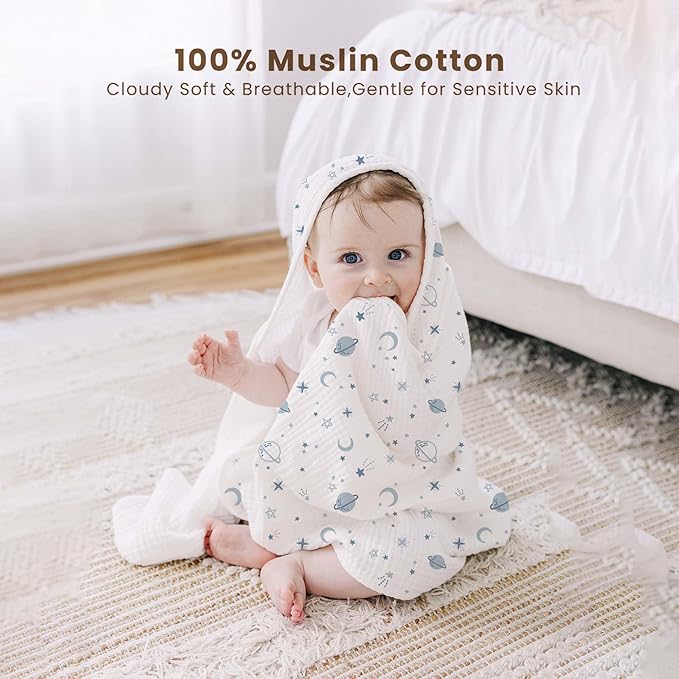 Konssy 2-Pack Muslin Hooded Baby Towels, 100% Cotton, Ultra-Soft & Absorbent Baby Bath Towels with Hood for Newborn & Infant (Blue, Star,32" x 32")