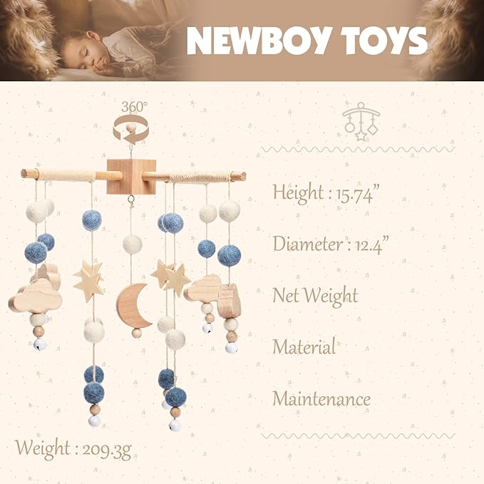 Boho Baby Crib Mobile Decor - Wooden Moon and Stars Nursery Mobiles with Cloud for Bassinet Starry Night Handmade Soft Felt Beads Hanging Wind Chime Toys Pendant for Infant Newborn Boy and Girl