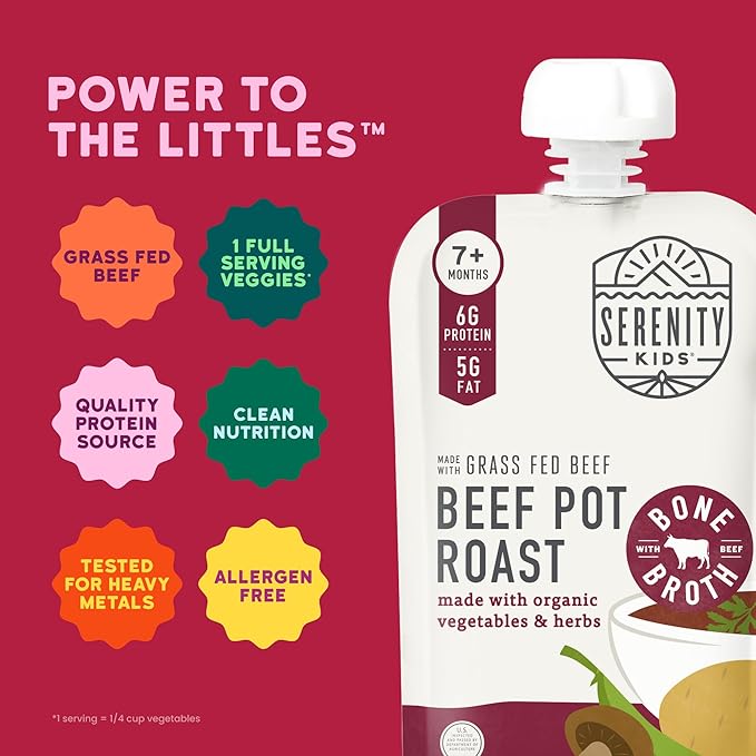 Serenity Kids 7+ Months Beef Pot Roast Bone Broth Puree Baby Food Pouches - BPA-Free Toddler Pouch w/Grass Fed Beef & Organic Veggies - Clean Label Project Purity Award Certified - 3.5 Oz, 12 Pack