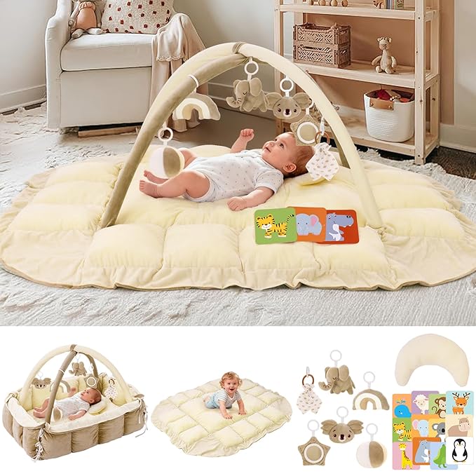 5-in-1 Baby Play Gym and Tummy Time Mat, Tummy Time Pillow & 12 Learning Cards, Plush Activity Mat with 6 Toys, Baby Gym, Convertible to Ball Pit & Pet Bed, Baby Gift, Cream