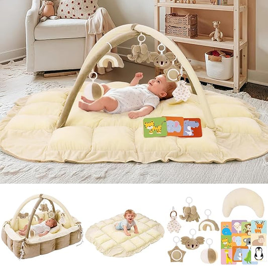 5-in-1 Baby Play Gym and Tummy Time Mat, Tummy Time Pillow & 12 Learning Cards, Plush Activity Mat with 6 Toys, Baby Gym, Convertible to Ball Pit & Pet Bed, Baby Gift, Cream