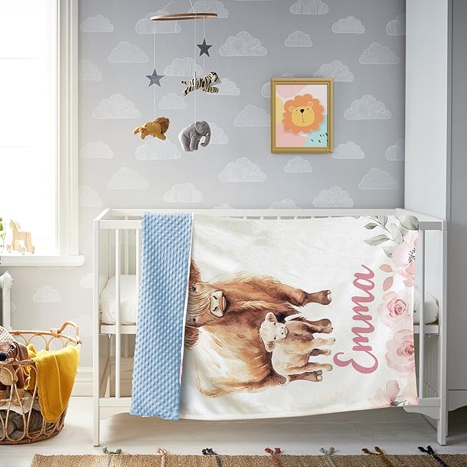Custom Baby Blanket, Personalized Name Baby Blanket for Girls Boys, Highland Cow Double Layer Dotted Backing Receiving Swaddle Blankets, Nursery Newborns New Parents Customized Gifts(60"x80")