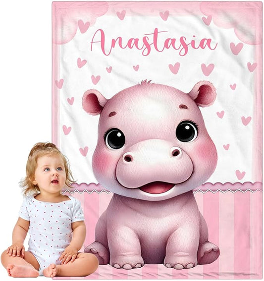 Personalized Baby Blanket for Girls, Custom Baby Blanket with Name, Soft Cozy Personalized Name Blankets for Kids, Customized Hippo Blankets for Infant Toddler Birthday Christmas
