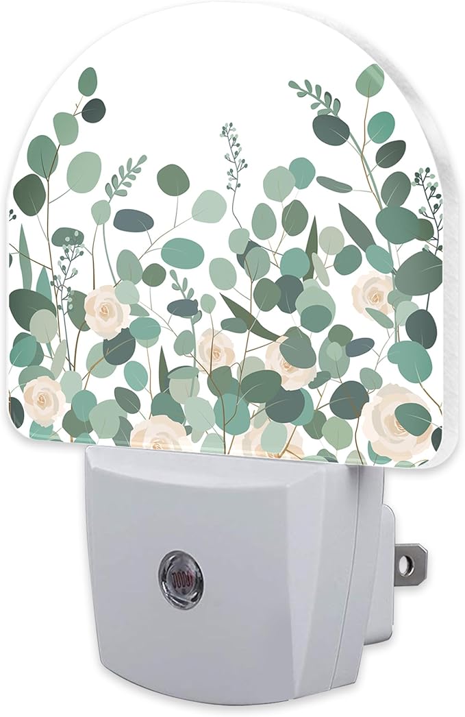 Green Eucalyptus and Rose Flowers Night Light for Kids,Watercolor Botanical Floral Leaves Night Light Plug in with Dusk to Dawn Sensor,0.5w Energy Saving S Nightlight for Boys Girls Home Decor