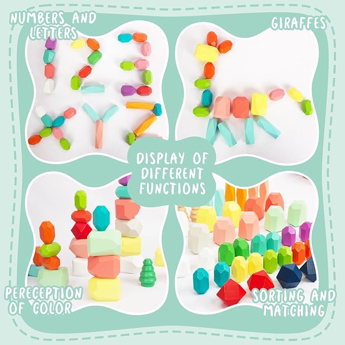 48 PCS Wooden Sorting Stacking Rocks Stones,Sensory Toddler Toys Learning Montessori STEM Toys, Building Blocks Game for Kids 3-6 Years Boy and Girl Birthday Gifts for Kids