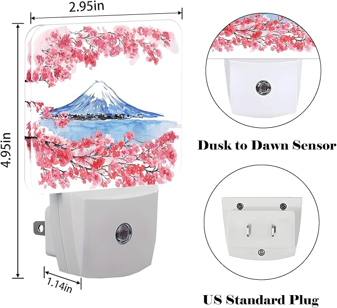 Cherry Blossoms Mount Fuji Night Light,Plug-in Night Lights with Dusk-to-Dawn Sensor for Stairway,Hallway,Bedroom Sleep Friendly Ideal for Women/Girls/Boys Gift,0.5w