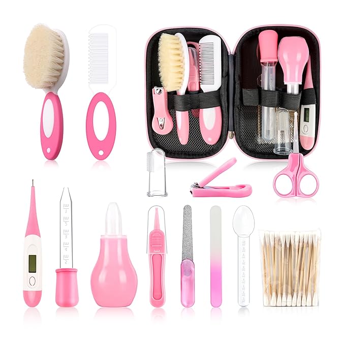 Baby Grooming Kit，Infant Safety Care Setwith Hair Brush Comb Nail Clipper Nasal Aspirator, Baby Essentials Kit for Newborn Girls Boys (14 PC-Pink Kit)