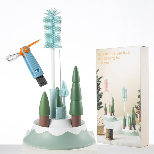 Chemimoso Baby Bottle Drying Rack and Cleaning Set, with Straight Silicone Baby Bottle Brush, Pacifier Brush, Straw Brush, Cup Lid Cleaning Brush, 2025 Xmas Holiday Surprise Gift for Newmom, Z Blue