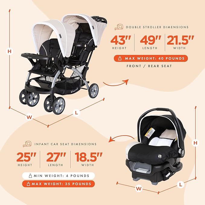 Baby Trend Infant and Toddler Double Stroller & Car Seat Combo, 2 Pc Set, Khaki - Portable and Lightweight Stroller Duo and Car Seat Travel System Tandem