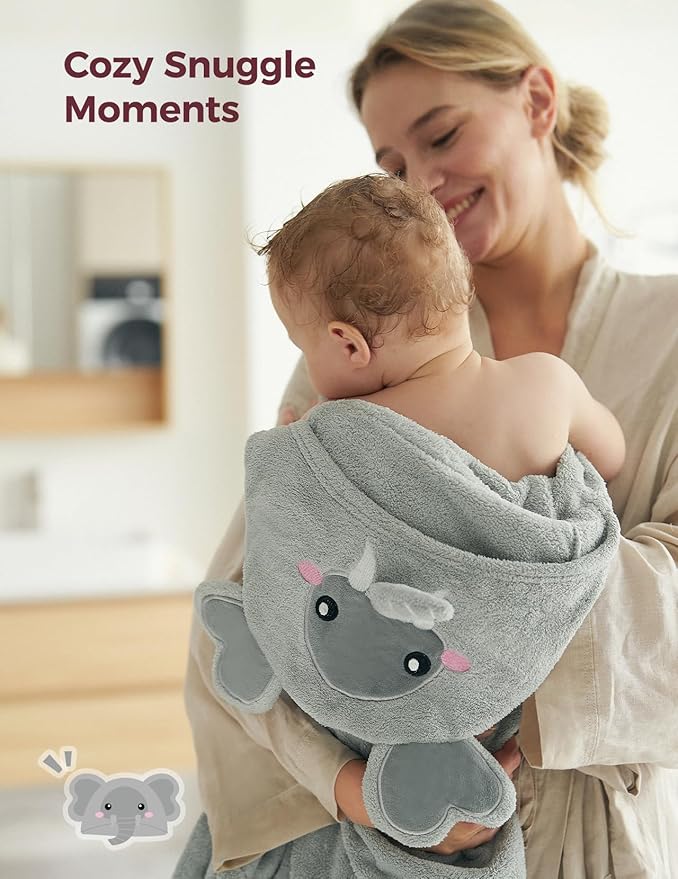 Momcozy Baby Bath Towels with Visualize Health Label - Ultra Soft & Absorbent Coral Fleece Hooded Towels for Newborn, Infant, Toddler (0-36 Months) Bath Essentials (Large Size,2 Pack)