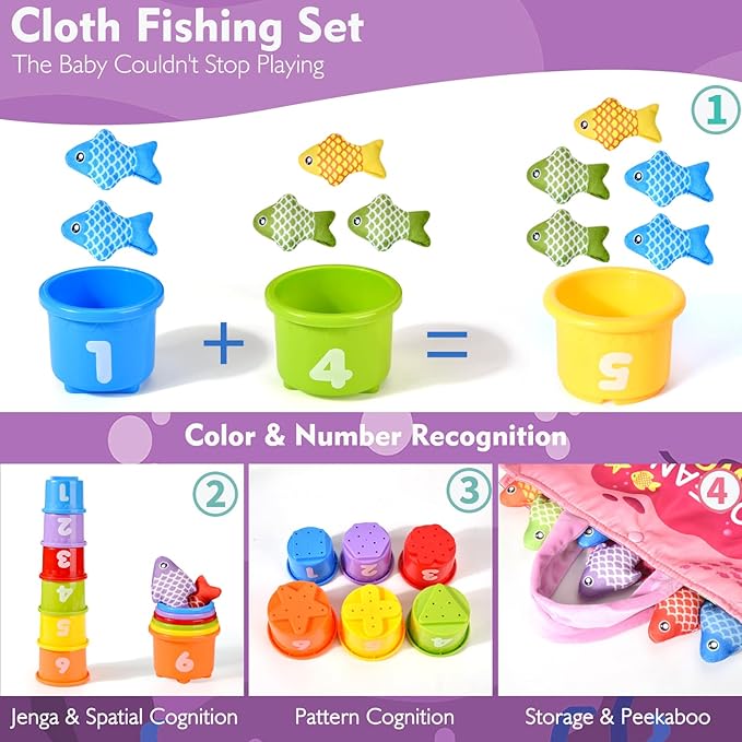 Montessori Toys for 1 Year Old Girl Gifts, 20PCS Pink Cloth Fishing Toy for Toddler 1-3, Fine Motor Skills Toy Sorting Learning Baby Toys 6-12-18 Months, One Year Old Girl Boy Birthday Gifts