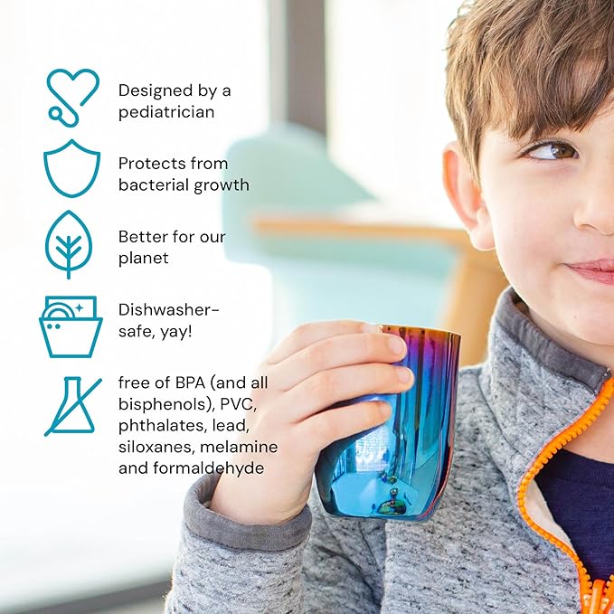 Ahimsa Stainless Steel Kids Cup - Pediatrician Designed Toddler Cups for Open Cup Training, 8oz, 100% BPA Free & Dishwasher Safe (Iridescent Blue Single)