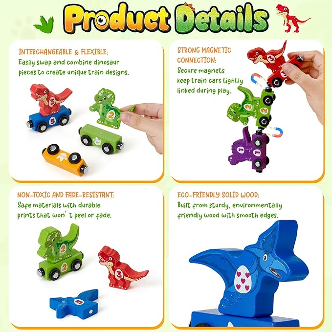 Atoylink Toddler Dinosaur Sorting and Stacking Toys with Magnetic Wooden Dinosaur Train Set, Baby Number Blocks Nesting Boxes Preschool Learning Montessori Toys for 1 2 3 Year Old Boys Girls Gift