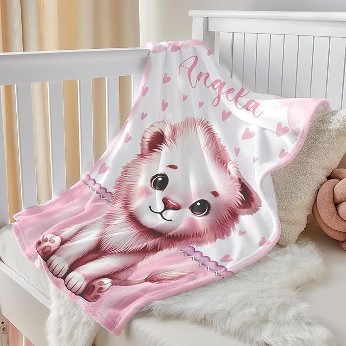 Personalized Baby Blanket for Girls, Custom Baby Blanket with Name, Soft Cozy Personalized Name Blankets for Kids, Customized Lion Blanket for Infant Toddler Birthday Christmas