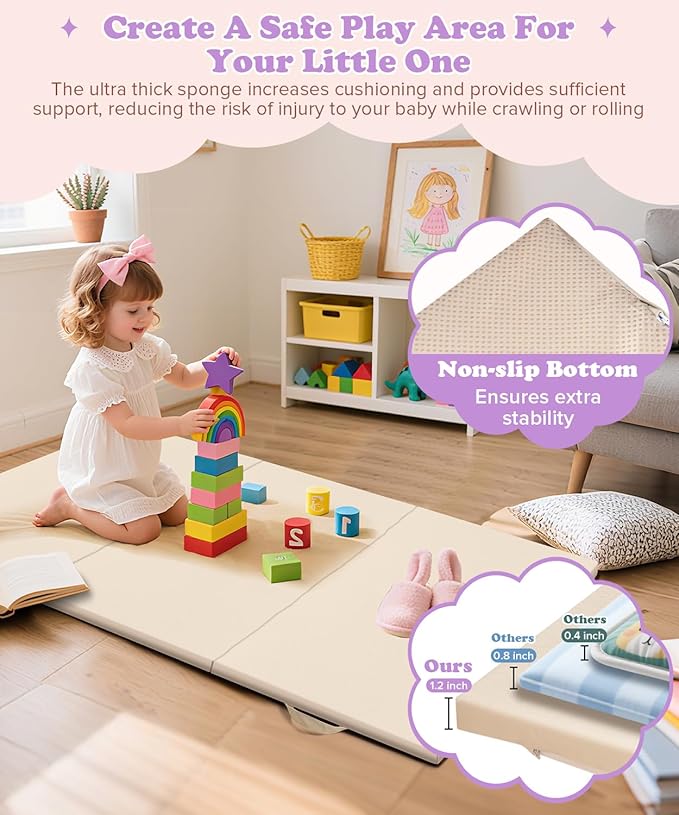 39X59Inch Trifold Thick Foam Play Mat for Babies| Soft Padded Foam Floor Mat for Kids Playroom | Foldable Playmat | Non-Slip Crawling Removable Cover Washable Crawling Playmat Infant