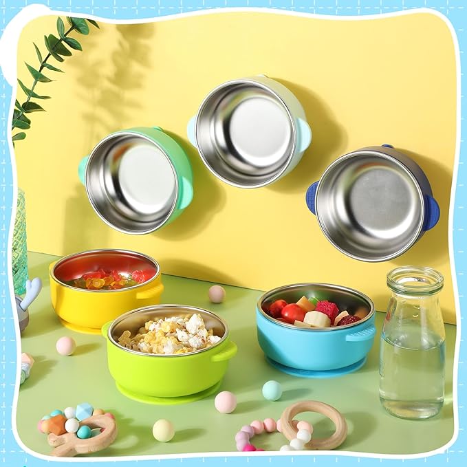 Nuogo 6 Pcs Stainless Steel Baby Bowls with Removable Silicone Shell 304 Toddler Bowls Kids Anti Scald Snack Container for Food Feeding, Dishwasher Safe(Blue Series Color,Suction-a)