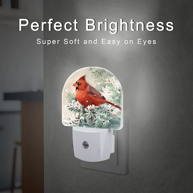 Winter Cardinal Pine Tree Night Light, Christmas Snow Red Cardinal Dusk to Dawn Night Light Plug in,0.5w Energy Saving Sleep Friendly NightLight for Kids Boys Girls Home Decor