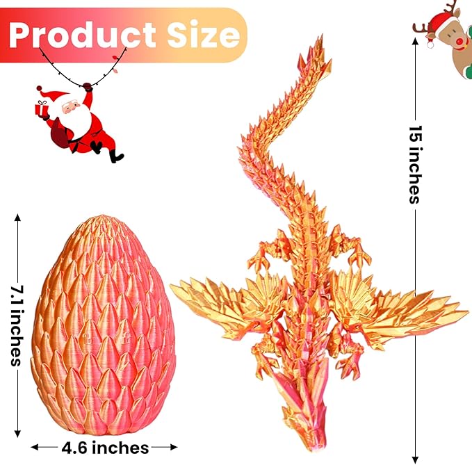 3D Printed Dragon Eggs with Articulated Fly Dragon Inside, Collectible Figurines Fidget Toy for Adults Kids Birthday Easter Christmas White Elephant Gifts for Friends Colleagues(Red Gold, L size)