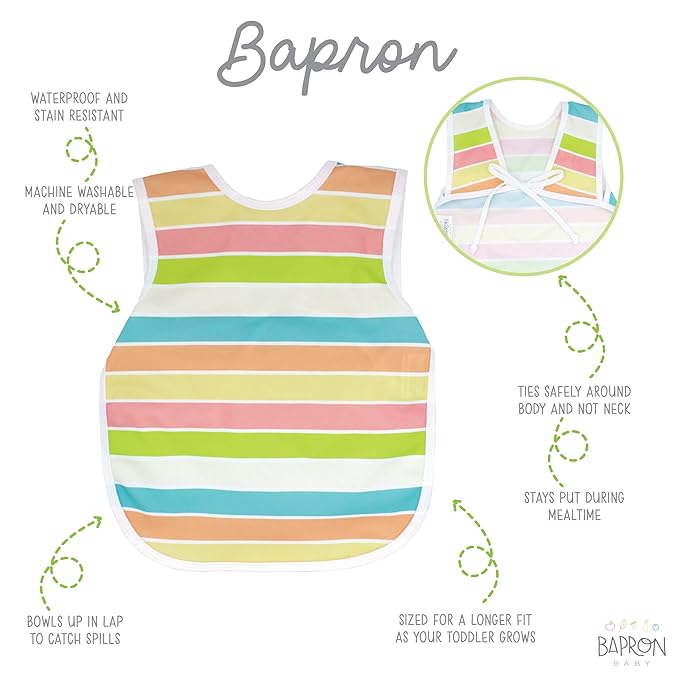 BapronBaby Rainbow Stripes Bapron - No Neck Tie Safer Bib for Baby & Toddler - Soft Waterproof Stain Resistant - Machine Washable - Sz Baby/Toddler 6m-3T