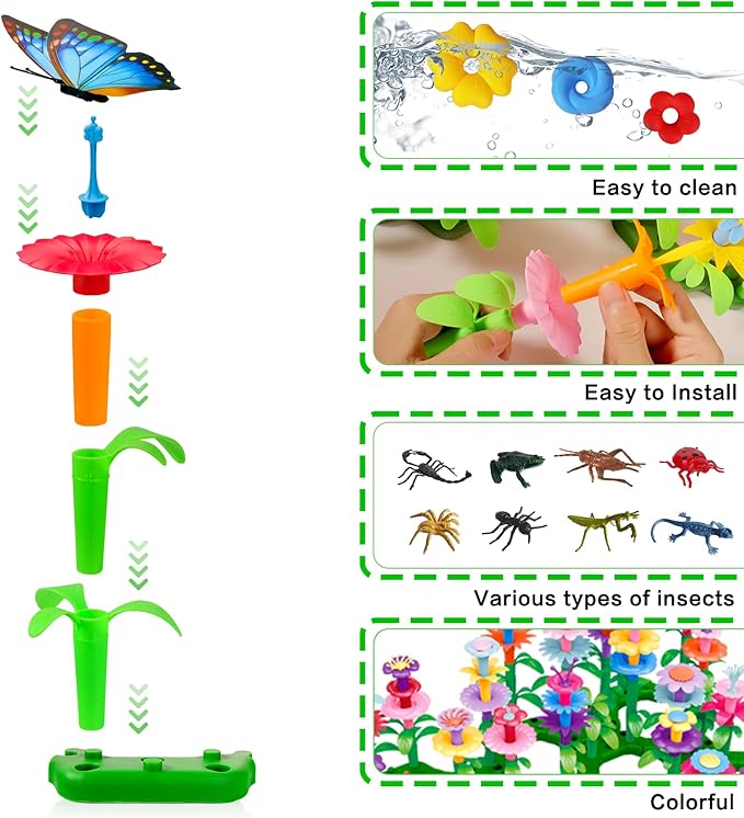 Birthday Toys Gifts for 3 4 5 6 Years Old Toddler Girls Boys, 156 PCS Insect Flower Garden Building Educational STEM Learning Pretend Play Gardening Set, Gifts for Preschool Kids Age 3+