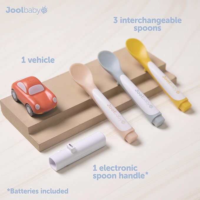 Jool Baby Musical Baby Spoons, 3 Spoons + Car with Fun Sounds - Multi-Stage Spoon for Infant Feeding & Training Babies 6+ Months to Self-Feed