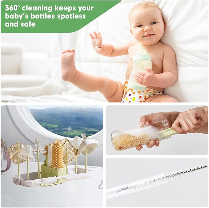 Baby Bottle Brush Set - Baby Bottle Cleaner Kit with Nipple Brush, Silicone Bottle Brush, Straw Cleaner Brush, Soap Dispenser, Bottle Drying Rack - 7 in 1 Bottle Cleaning Tool Set for Home and Travel
