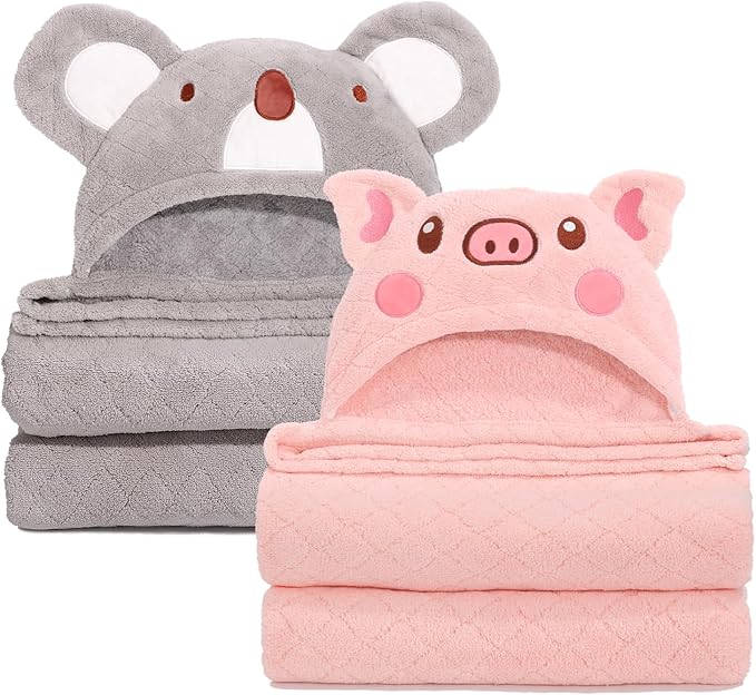 Extra Large Toddler Bath Towels, 50" x 32" Large Absorbent Thick Baby Animal Hooded Towel 2 Pack Set for 0-6 Years Bath Essential for Newborn, Infant and Kids, Grey & Pink