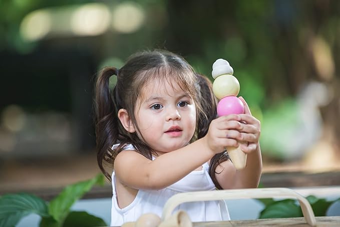 PlanToys® Wooden Ice Cream Playset for Kids | Includes Stand, Scoops & Cones | Pretend Dessert Play Food for Toddlers | Eco-Friendly Role Play Set for Imaginative & Fine Motor Skills Development