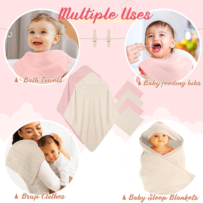 Preboun 6 Pcs Muslin Hooded Baby Towels and Washcloths 32"x 32" Cotton Newborn Bath Towel Anti-Shrink Infant Baby Blankets with Hood 12"x 12" Washcloths for Girl Boy Toddler(Ivory,Pink)