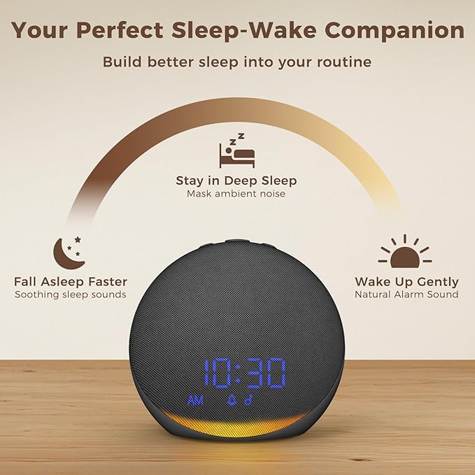 Sound Machine Alarm Clock for Bedroom: 25 Natural Sleep Sounds - White Noise Machine for Adults Kids Baby - Gentle Wake Up Alarm with Bluetooth Speaker - Black