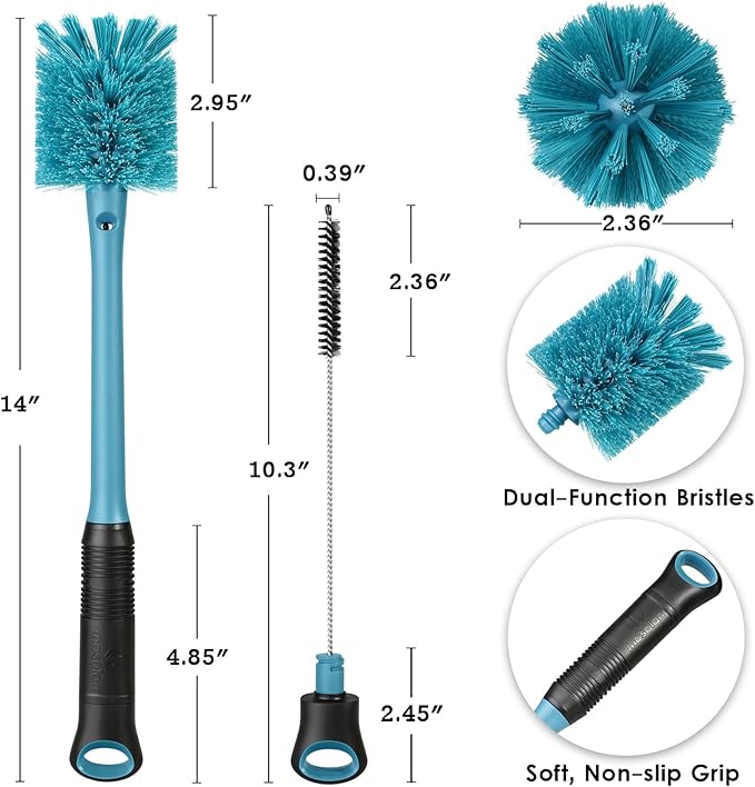 2-in-1 Water Bottle Brush and Straw Cleaner Brush, Long Handle Scrub Brush with Replaceable Head for Water Bottles, Glasswares, Mugs, Flasks, Tumblers, Vases, and Kitchen Sink, Smokey Blue